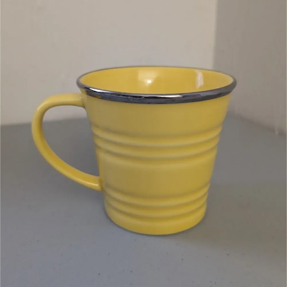 '07 STARBUCKS 14oz YELLOW & GREEN RIBBED Sand Pail Bucket Coffee Mugs Silver Rim